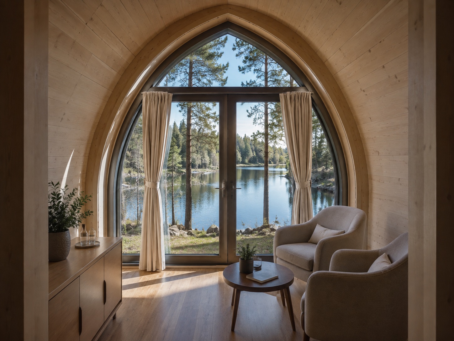 Інтер'єр модуля GoodWoodHome: вітальня під дерев'яною аркою, двостулкові двері з антрацитовою рамою і панорамне скління на ліс і озеро