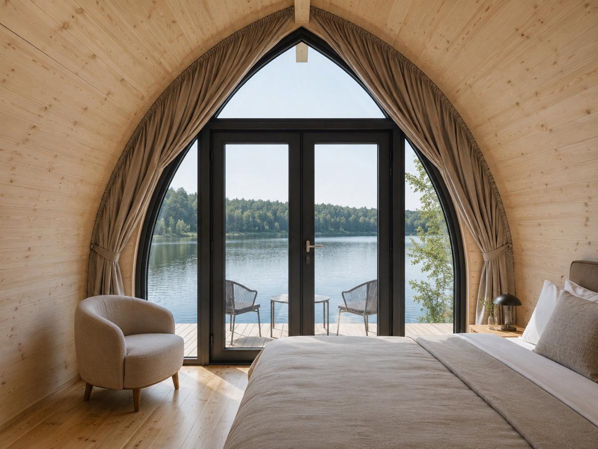 Інтер’єр приватного будинку GoodWoodHome: спальня з видом на озеро